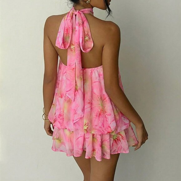 Light Pink Boho Women's Elegant Floral Print Halter Mini Dress - Picture 2 of 7